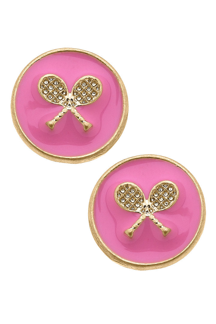 Chris Tennis Racket Enamel Circle Stud Earrings