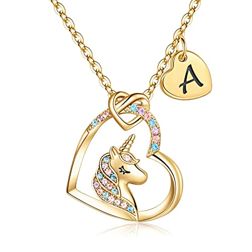 14K Gold Plated Colorful CZ Unicorn Necklace Initial A