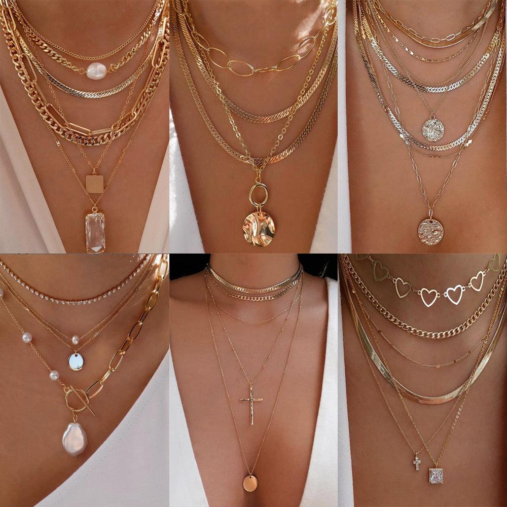 Bohemia Gold Color Necklace  Multi-Layer Crystal Pendant Necklaces Set