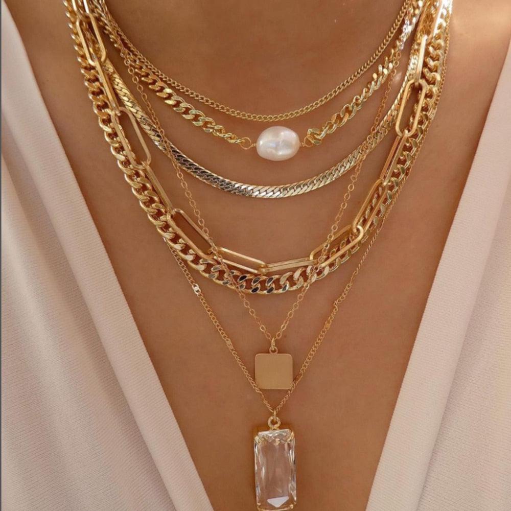Bohemia Gold Color Necklace  Multi-Layer Crystal Pendant Necklaces Set