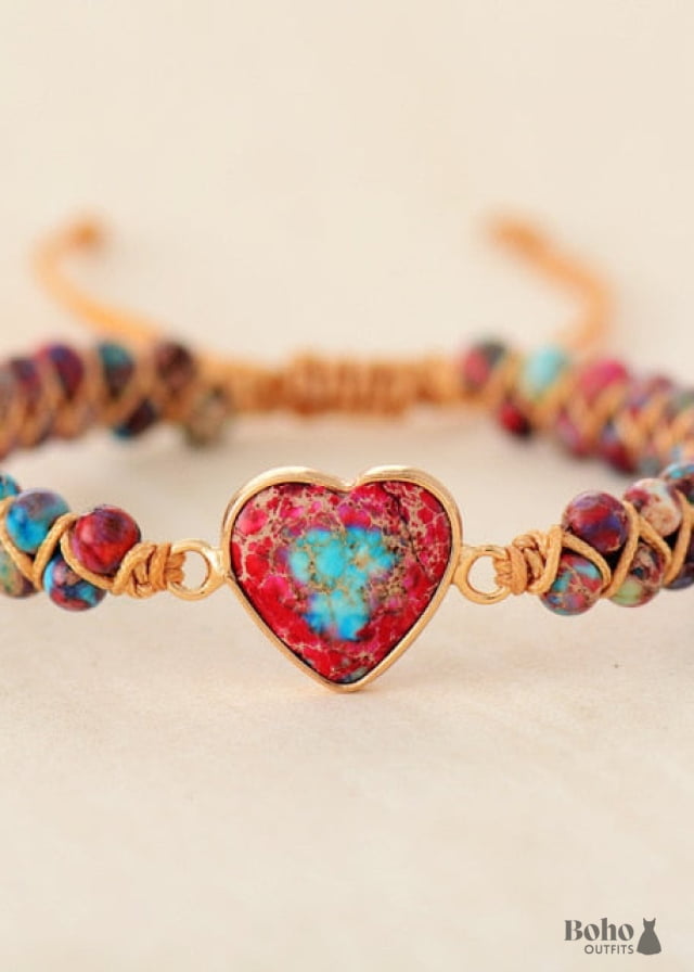 Boho Bracelet Friendship Macrame Red Heart Jaspers - Jewelry