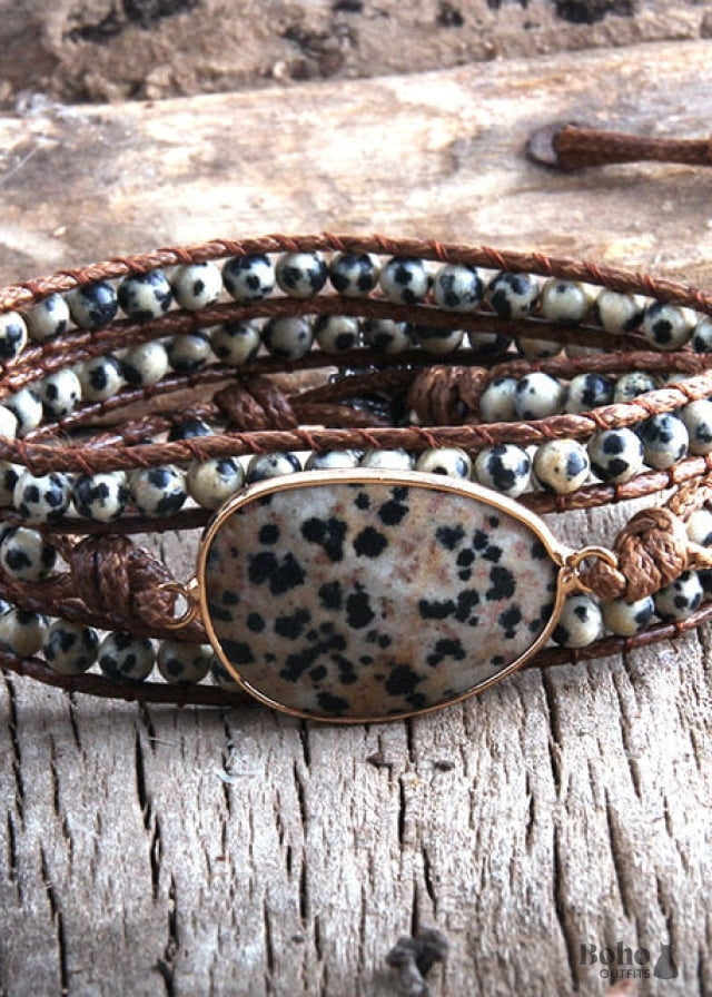 Boho Bracelet RH 3 Layers Leather Wrap Natural Stones Blue