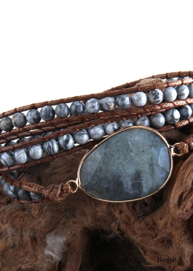 Boho Bracelet RH 3 Layers Leather Wrap Natural Stones Blue