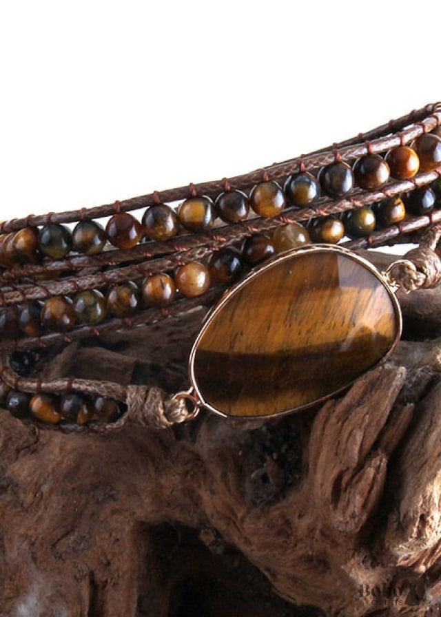 Boho Bracelet RH 3 Layers Leather Wrap Natural Stones Blue