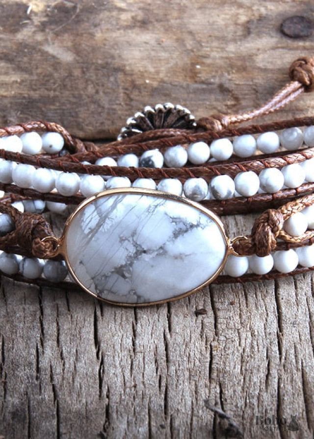 Boho Bracelet RH 3 Layers Leather Wrap Natural Stones Blue