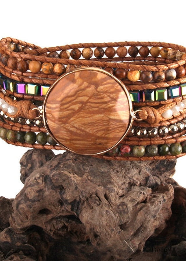 Boho Bracelet RH 5 Layers Leather Wrap Black Tourmaline