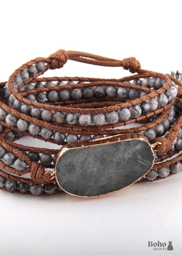 Boho Bracelet RH 5 Layers Leather Wrap Natural Stones Blue