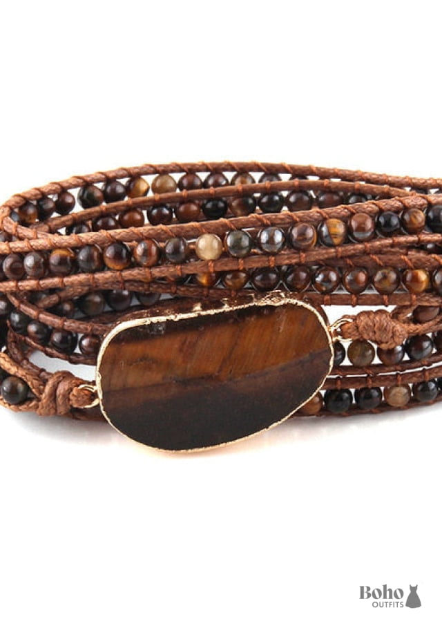 Boho Bracelet RH 5 Layers Leather Wrap Natural Stones Blue