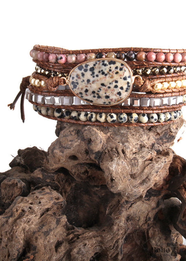 Boho Bracelet RH 5 Layers Leather Wrap Natural Stones