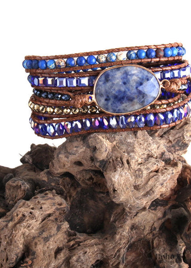 Boho Bracelet RH 5 Layers Leather Wrap Natural Stones