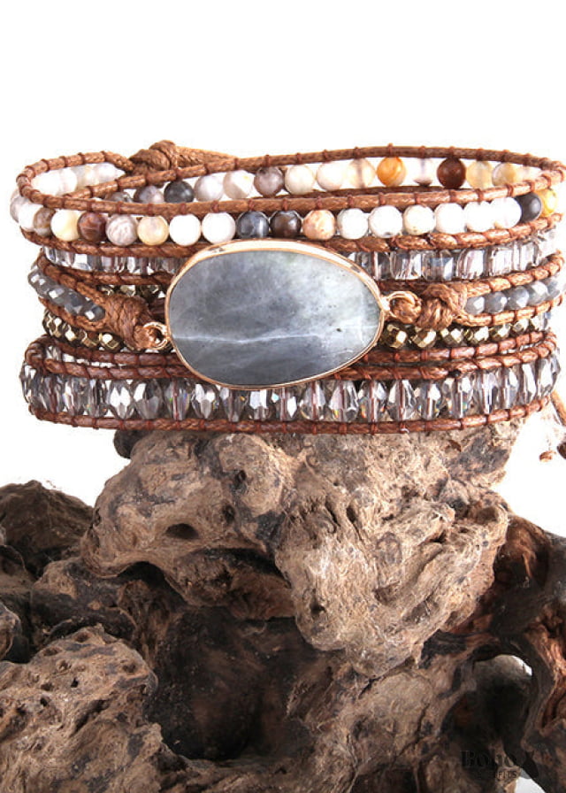 Boho Bracelet RH 5 Layers Leather Wrap Natural Stones