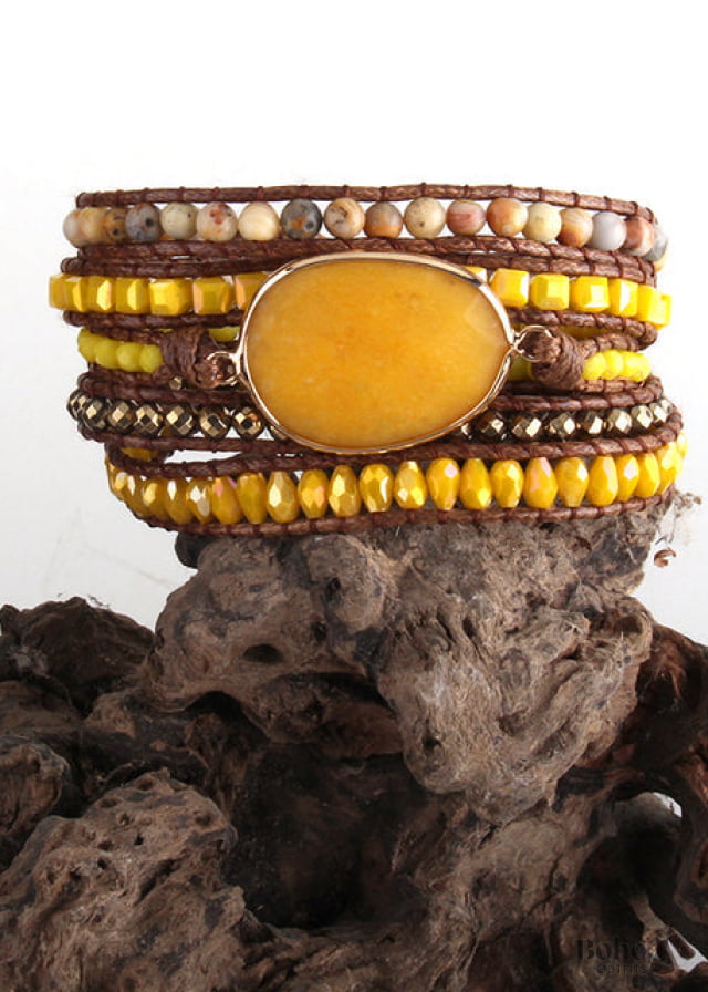Boho Bracelet RH 5 Layers Leather Wrap Natural Stones