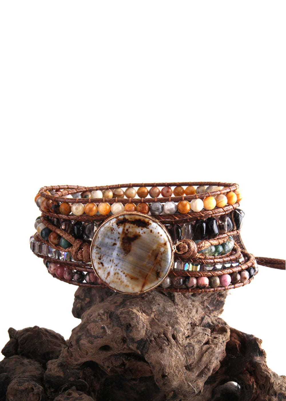 Boho Bracelet RH 5 Layers Leather Wrap Natural Stones Dusty