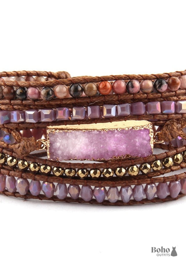 Boho Bracelet RH 5 Layers Leather Wrap Natural Stones Gold