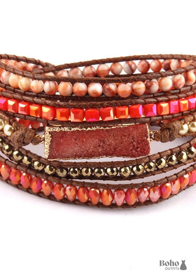 Boho Bracelet RH 5 Layers Leather Wrap Natural Stones Gold