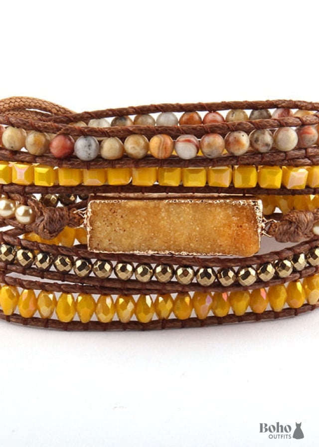 Boho Bracelet RH 5 Layers Leather Wrap Natural Stones Gold