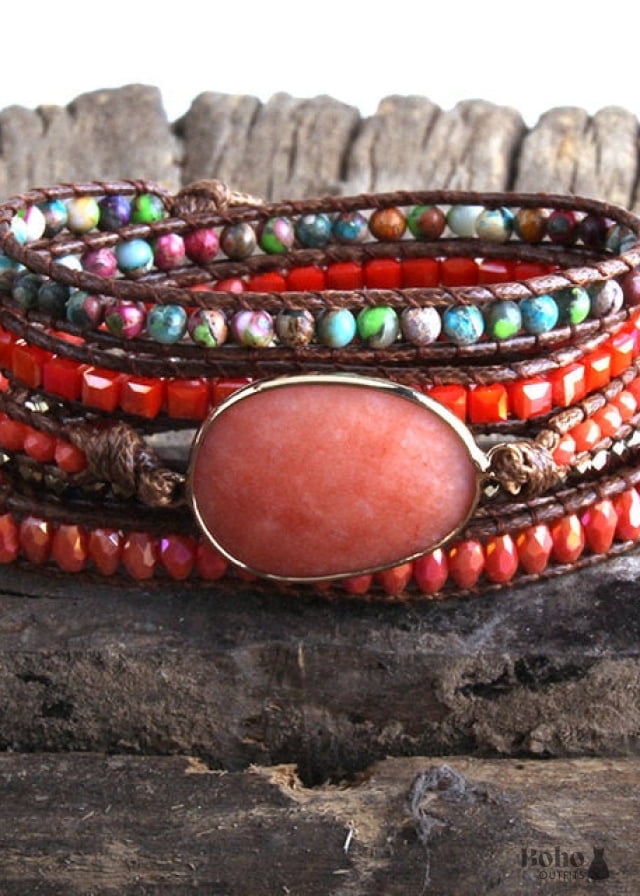 Boho Bracelet RH 5 Layers Leather Wrap Natural Stones Green