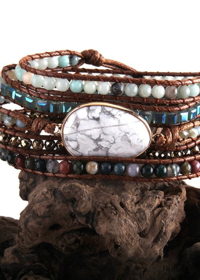 Boho Bracelet RH 5 Layers Leather Wrap Natural Stones Green