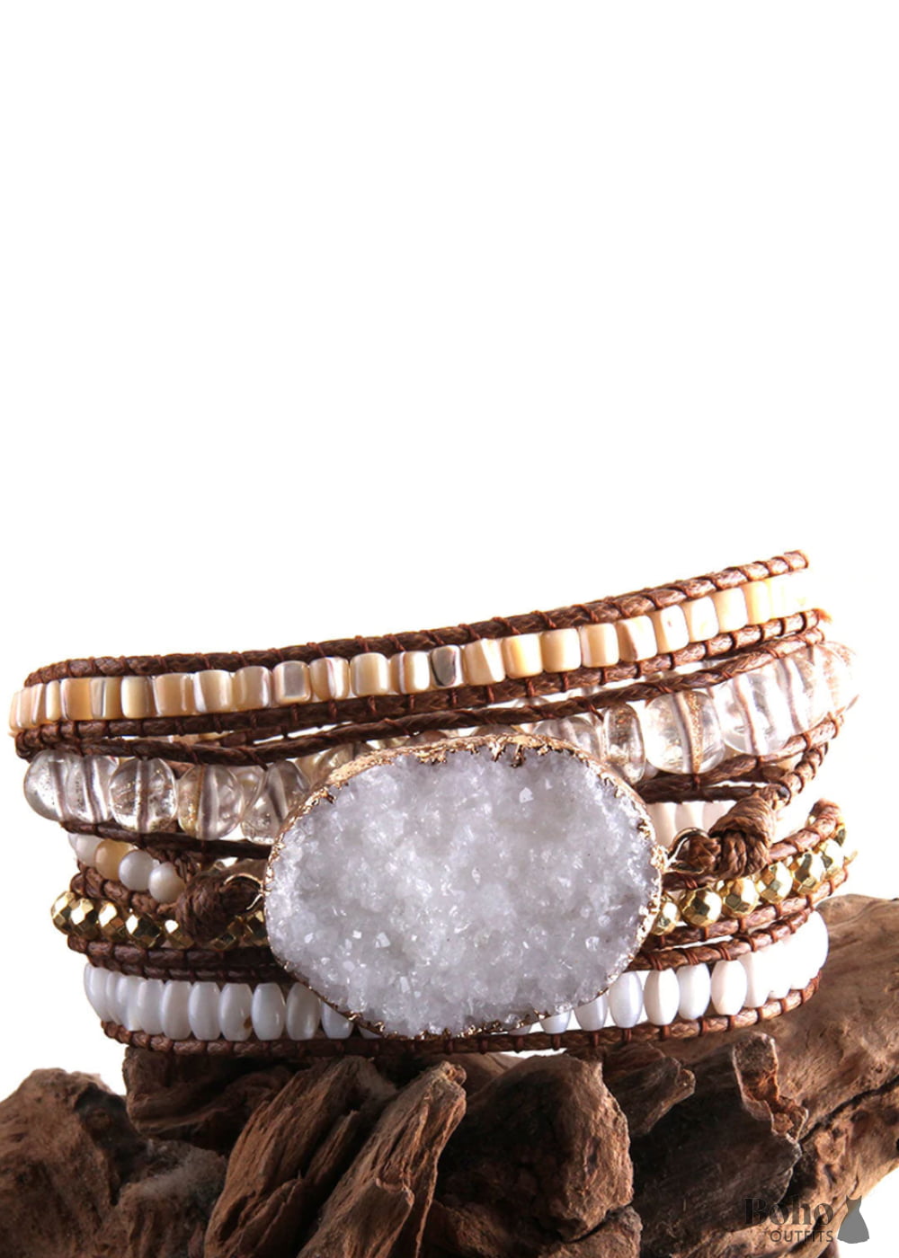 Boho Bracelet RH 5 Layers Leather Wrap Natural Stones Snow