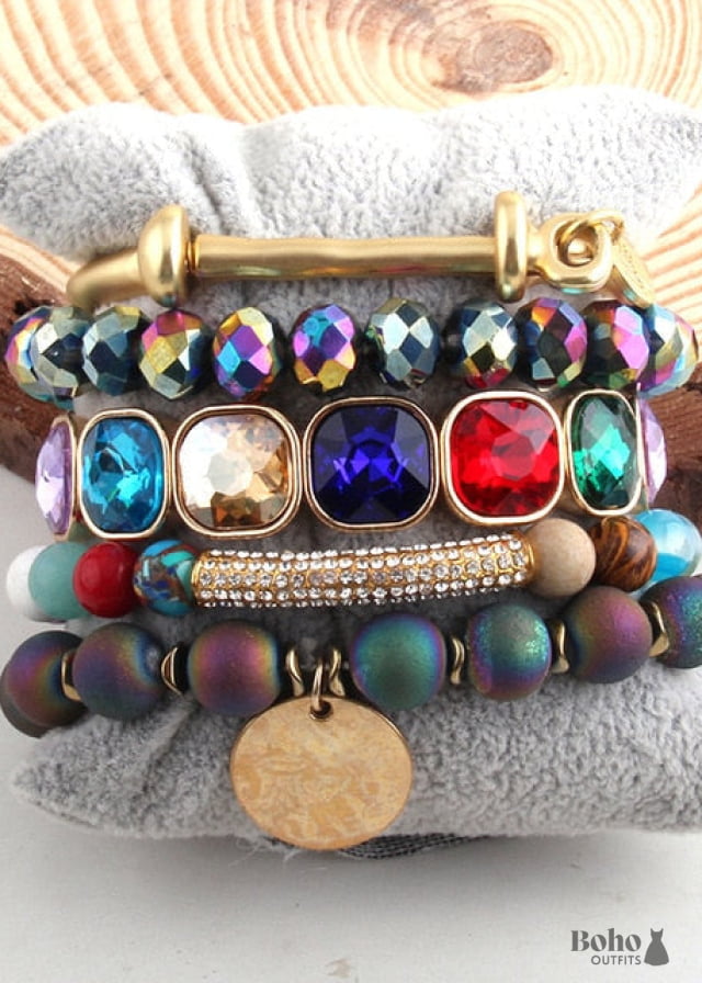 Boho Bracelet RH Set Cubic Zircon Ball Natural Stones