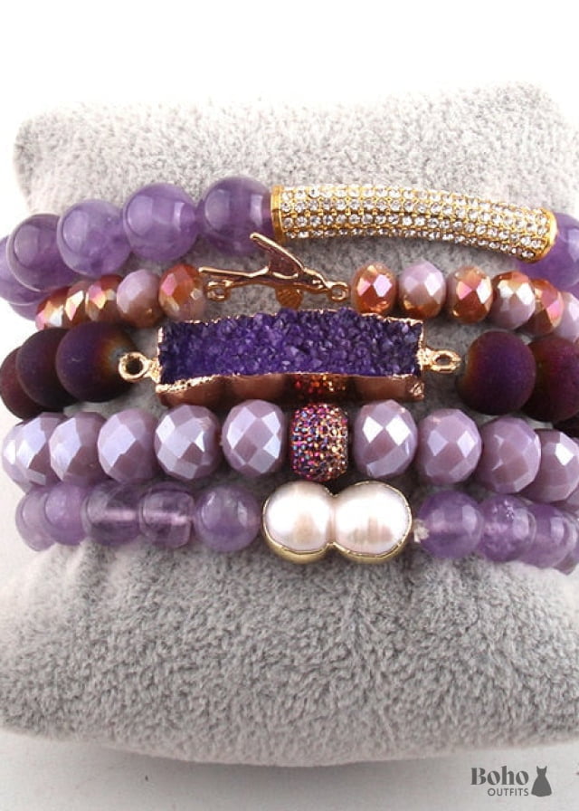 Boho Bracelet RH Set Diamon Leaf Natural Stones in Green