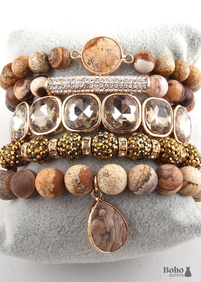 Boho Bracelet RH Set Diamon Leaf Natural Stones in Green