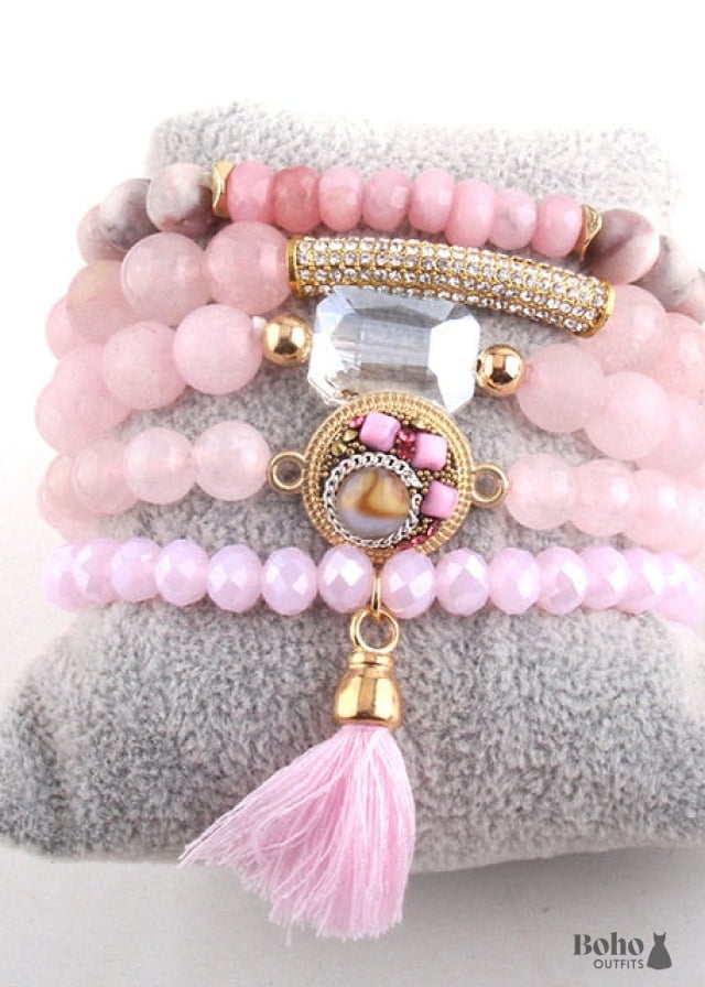 Boho Bracelet RH Set Diamon Leaf Natural Stones in Green