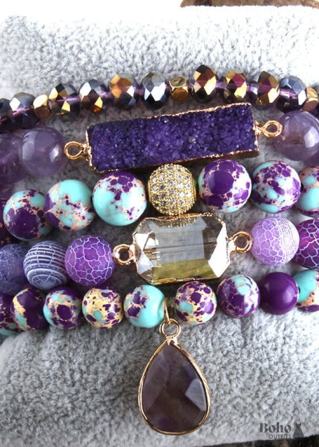 Boho Bracelet, RH Bracelet Set, Natural Stones, Blue, Green, Purple