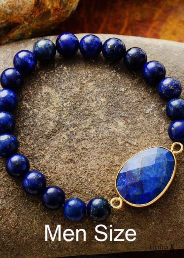 Boho Bracelet Stretchy Blue Lapis Luzuli and Black Agate