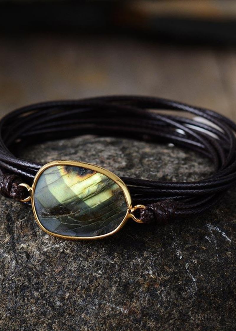 Boho Bracelet Wrap Rope Labradorite - Dark Brown - Jewelry