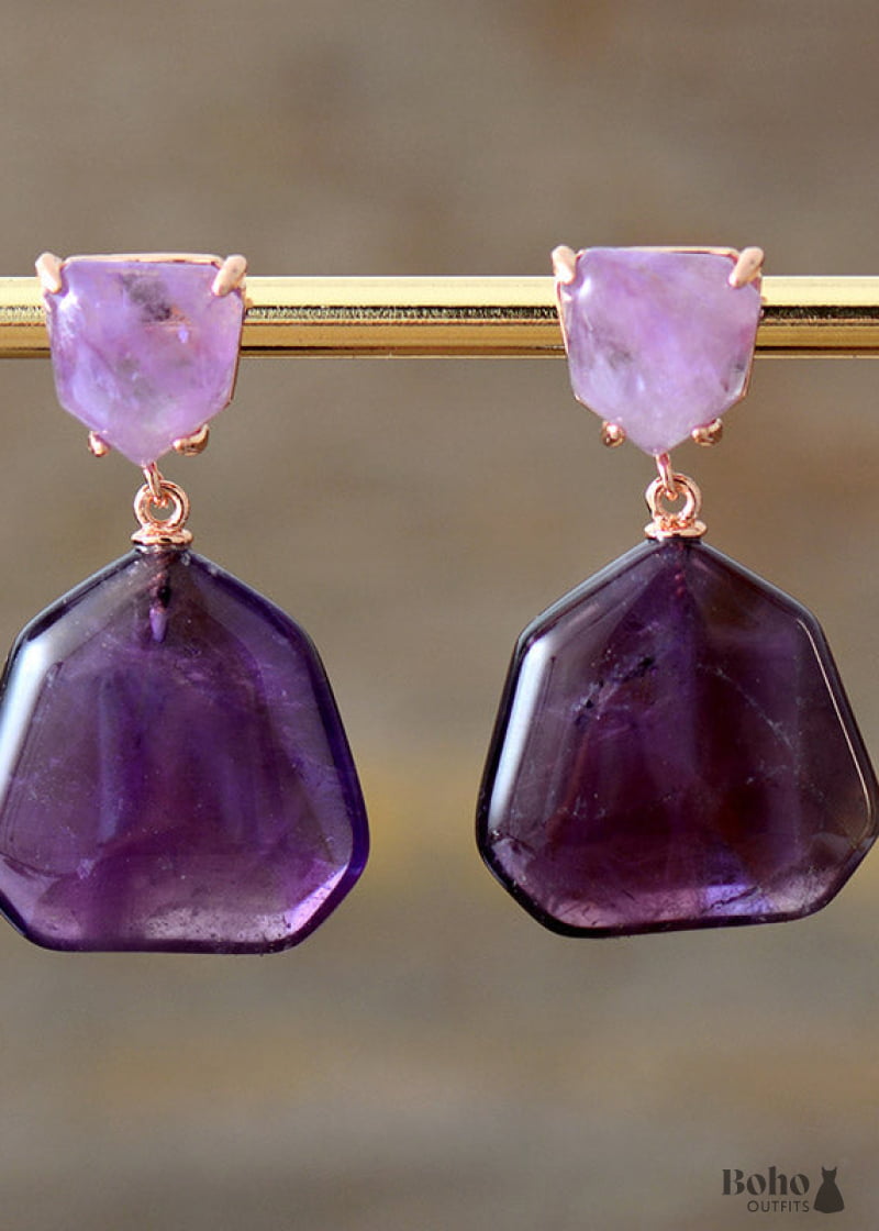 Boho Earrings Dangle Amythyst Tiger Eye - Amethyst - Jewelry