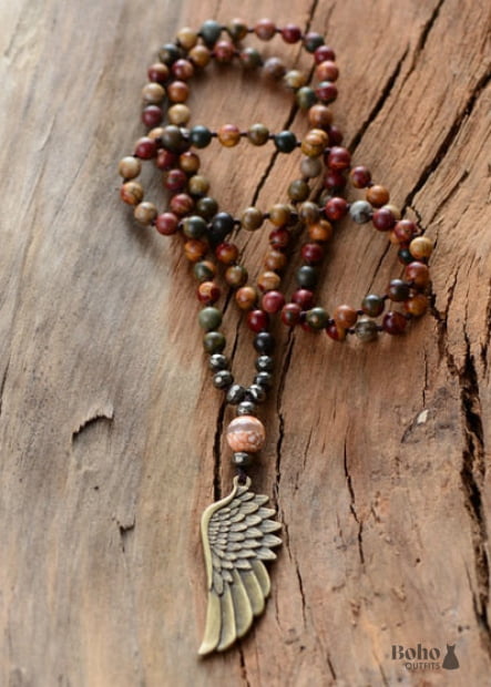 Boho Necklace Blue and Brown Pyrite Angel Wing - Picasso