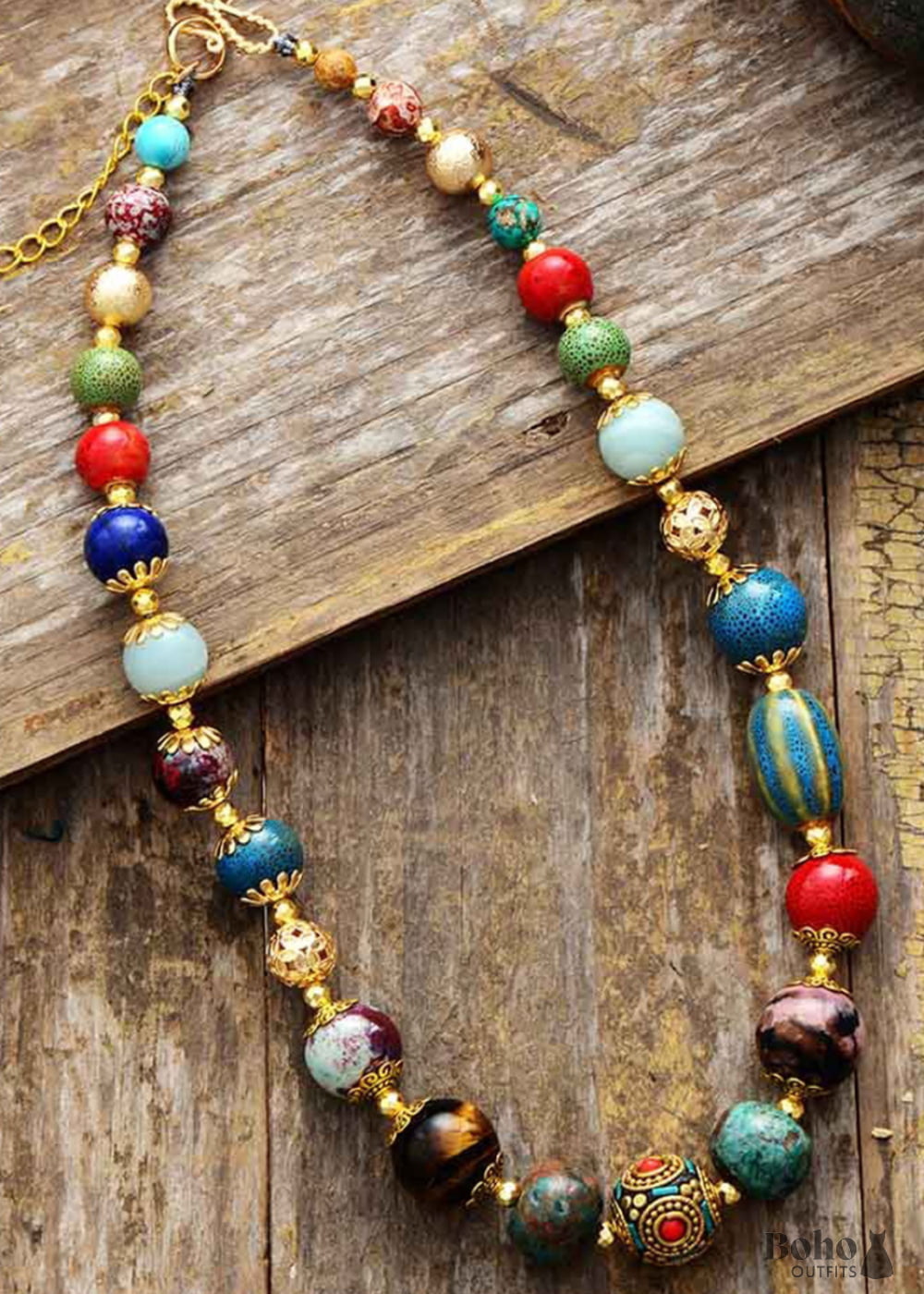 Boho Necklace Choker Blue & Gold Ethnic Elegant - Jewelry