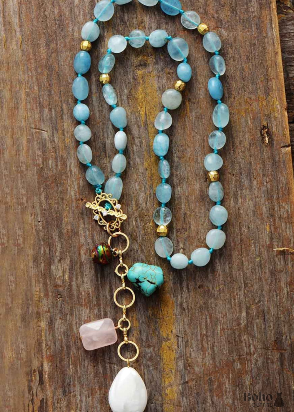 Boho Necklace Mala Necklace,Blue Aquamarine Rose Charm