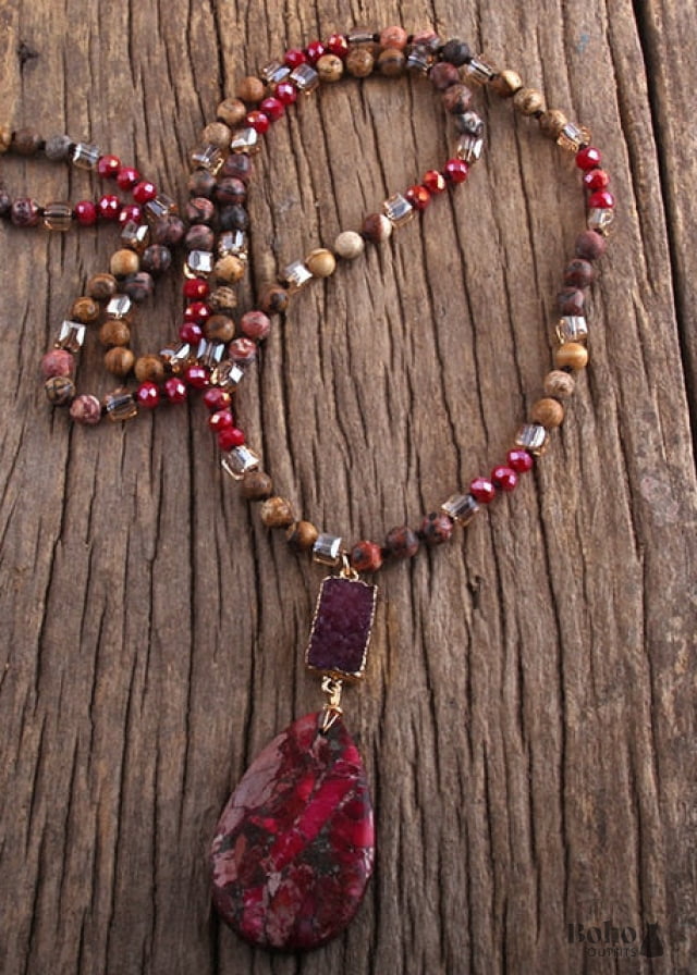 Boho Necklace RH Agated Crystal Blue Oval Natural Stone - 4