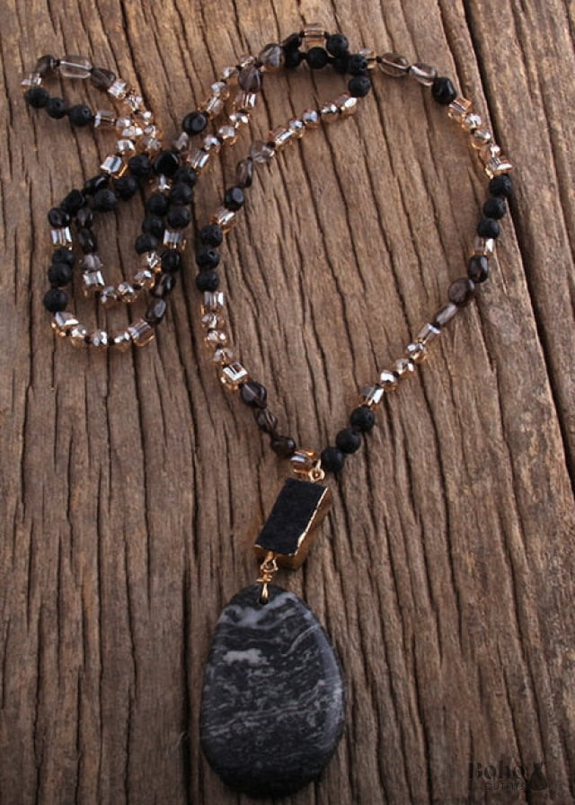 Boho Necklace RH Agated Crystal Blue Oval Natural Stone - 8