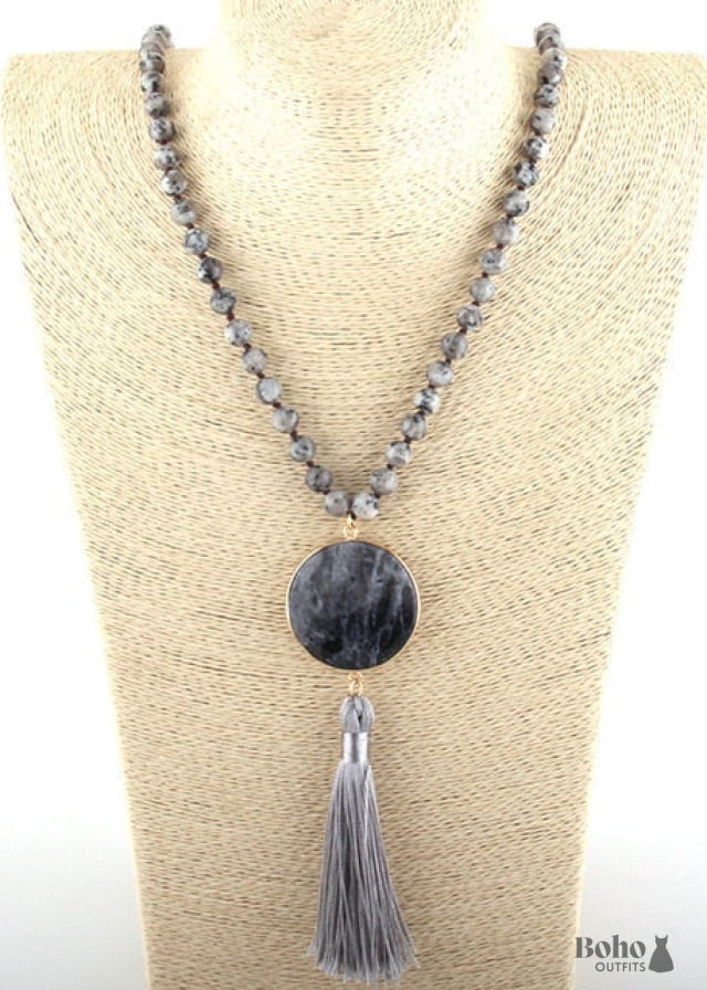 Boho Necklace RH Amazonite Jasper Circle Tassel Green White