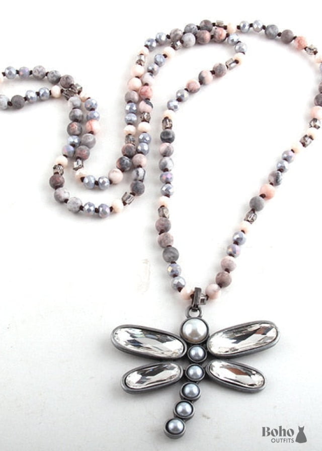 Boho Necklace RH Crystal Dragonfly Blue Natural Stone - 1 /