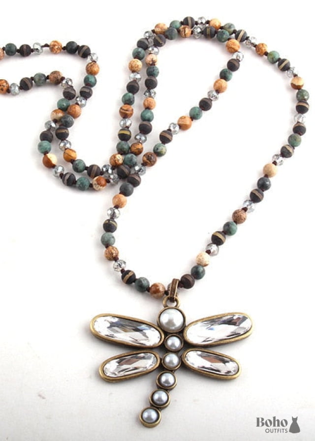 Boho Necklace RH Crystal Dragonfly Blue Natural Stone - 2 /