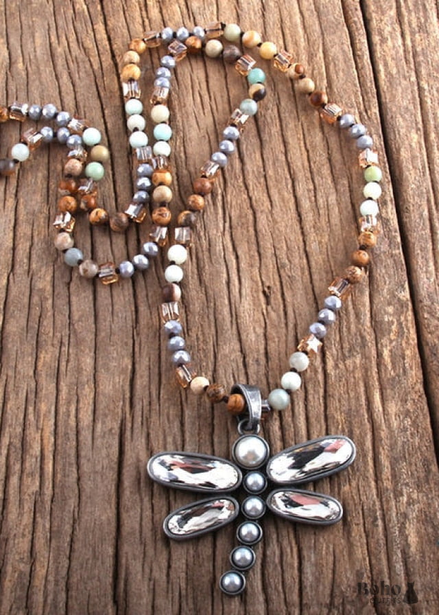 Boho Necklace RH Crystal Dragonfly Blue Natural Stone - 3 /