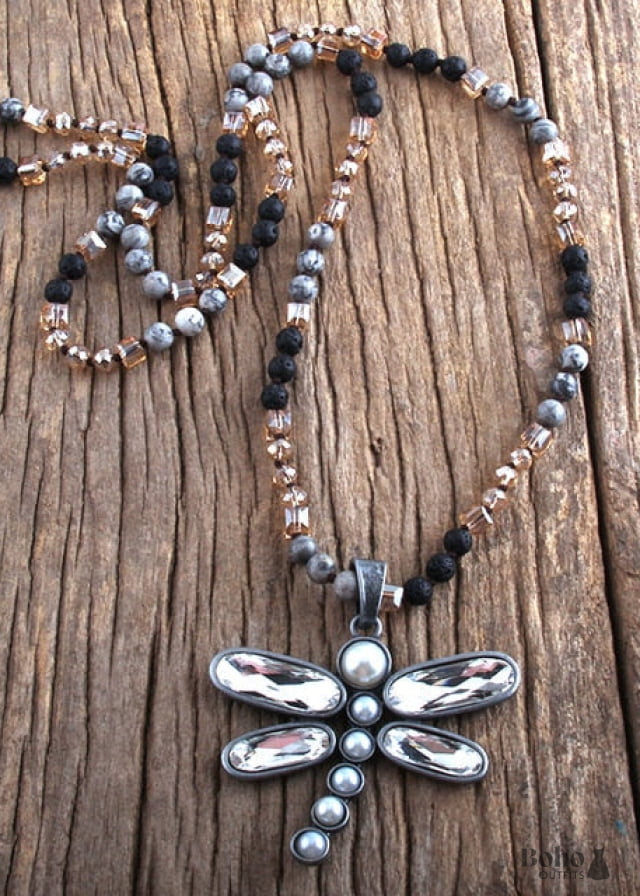 Boho Necklace RH Crystal Dragonfly Blue Natural Stone - 4 /