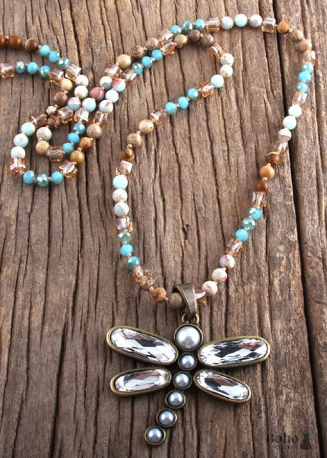 Boho Necklace RH Crystal Dragonfly Blue Natural Stone - 5 /