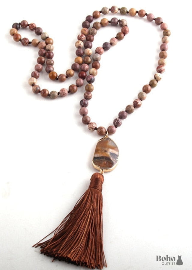 Boho Necklace RH Rose Quart Amazonite Oval Tassel Pink