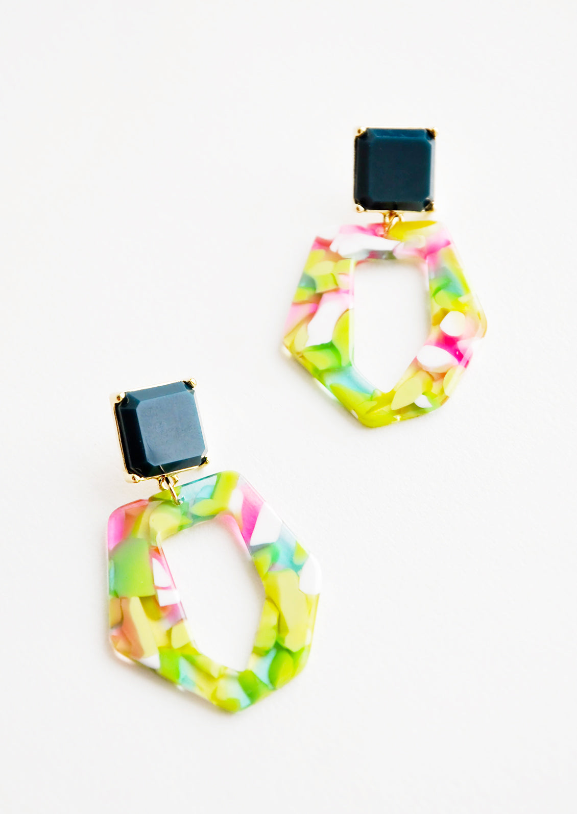 Acetate earrings with square deep green gem post and lime and pink abstract oval drop.