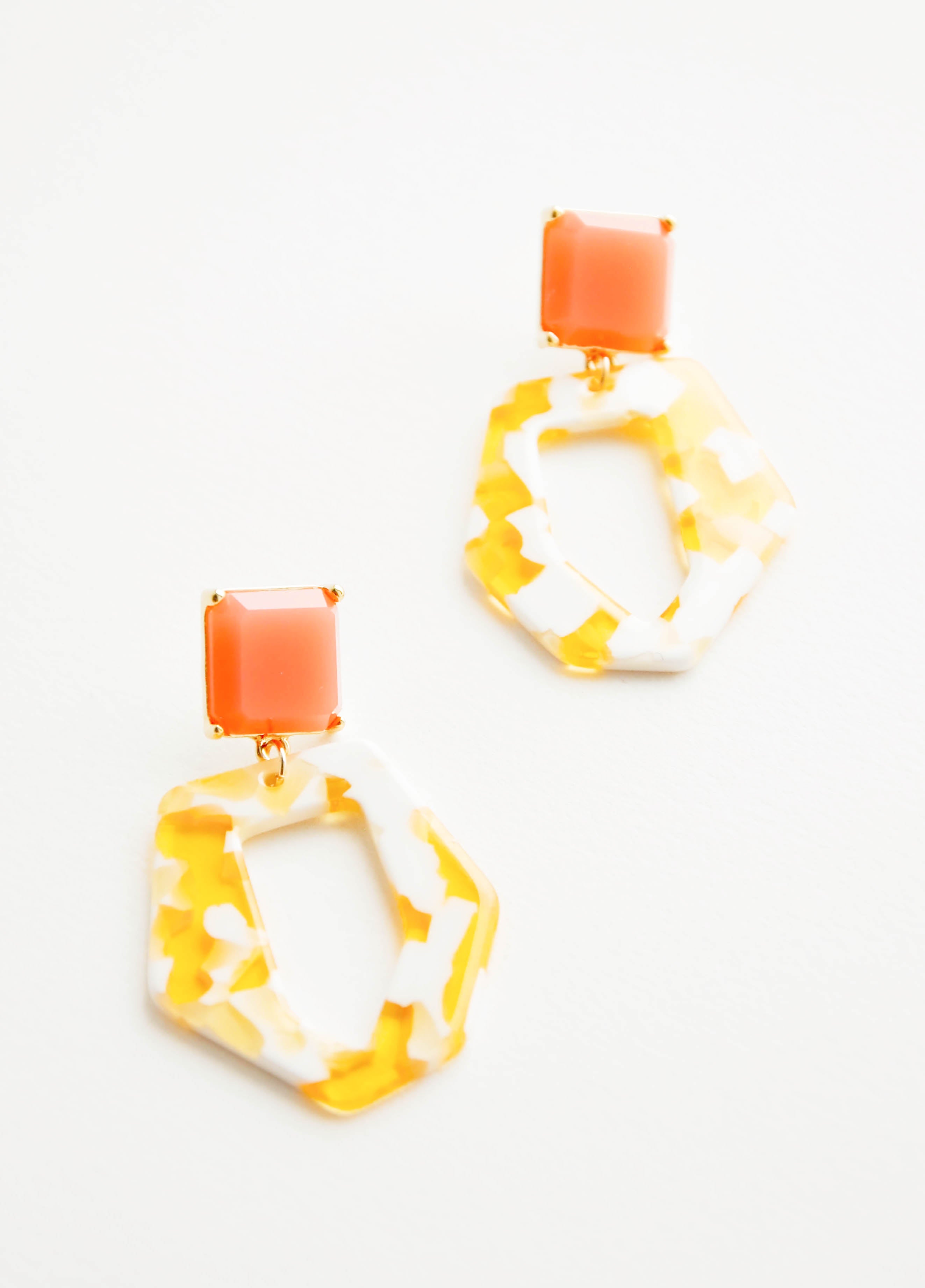 Acetate earrings with square coral gem post and yellow and white abstract oval drop.